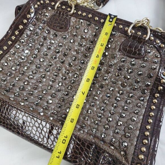Brown Studded Faux Croc Tote Purse Gold Chain Handles Glam Satchel 13x11 - Picture 3 of 8